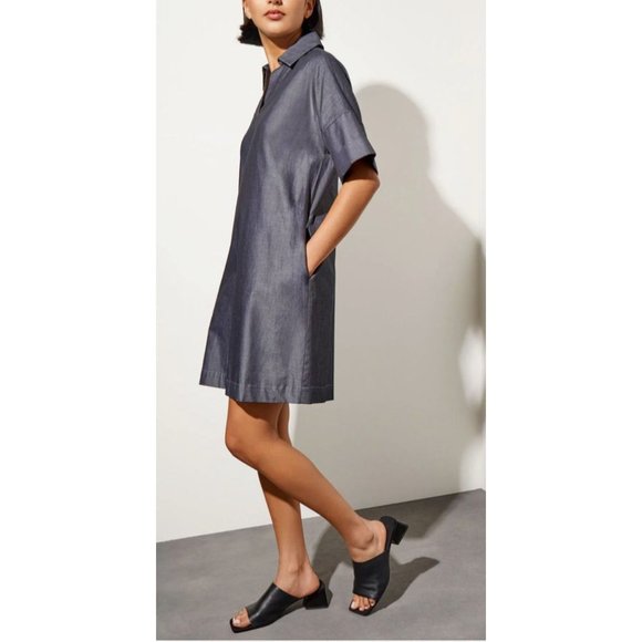 Ming Wang Side Pocket A Line Chambray Shirt Dress XL Dark Denim $195 Washable - Picture 7 of 16